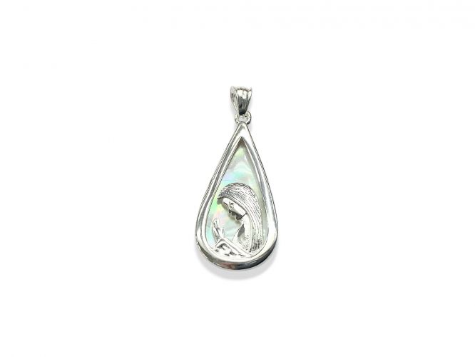 <p>Dije de Acero Blanco Gota</p>

<p>Virgen Niña Fondo Nacarado</p>
